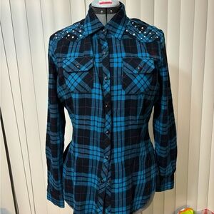 Blue and Black Plaid Studded Shirt